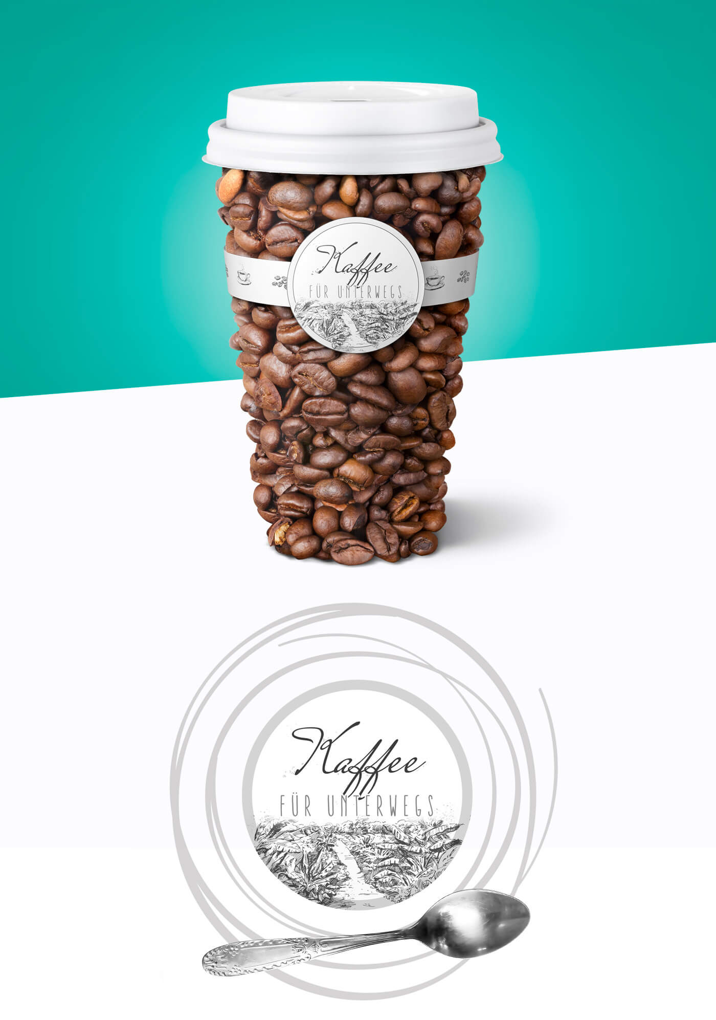 kaffee für unterwegs - digital art werbebild aus ganzen kaffeebohnen.