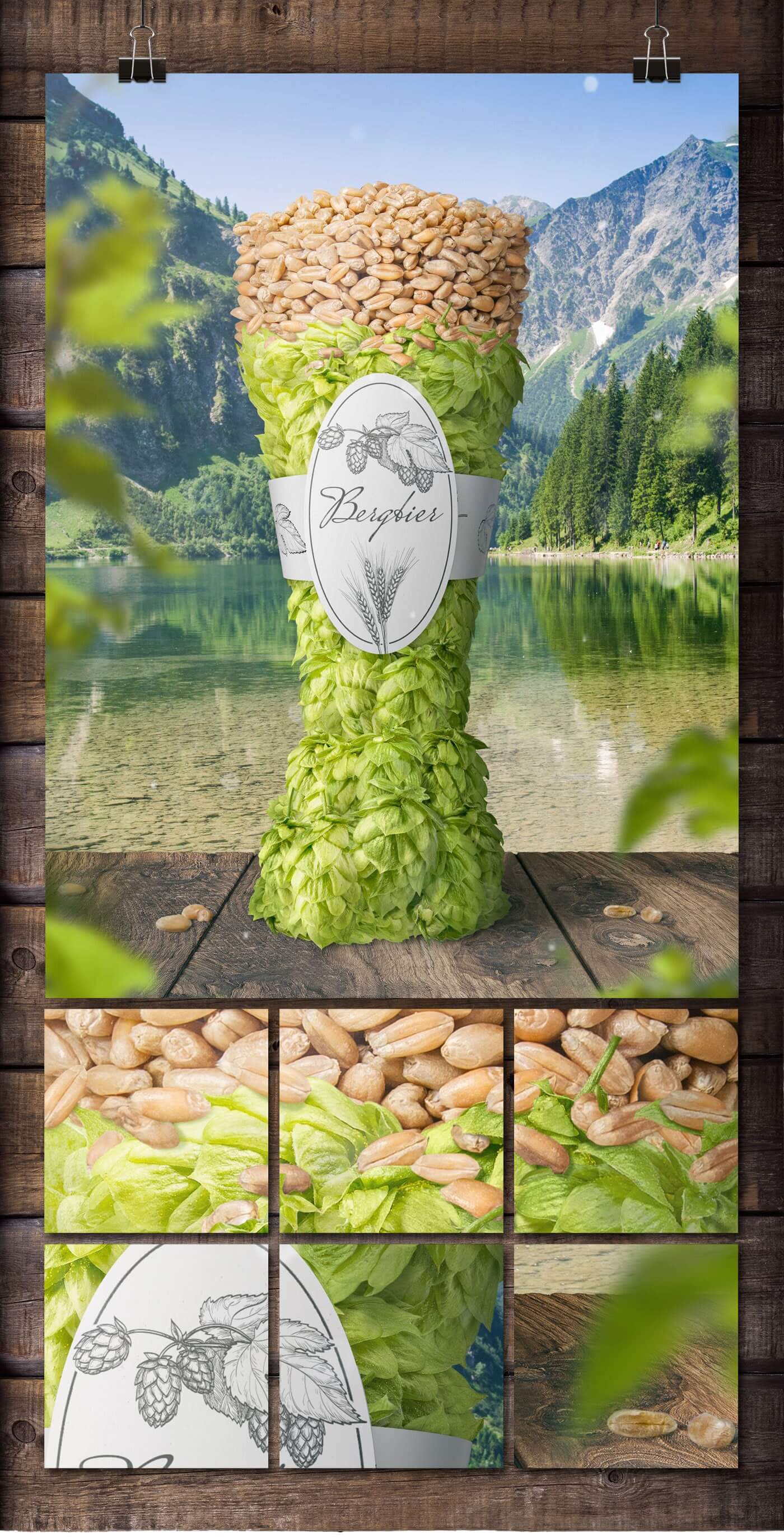 bier bergbier artwork - packshot mit ganzen früchten - hopfen und weizen - detailansichten
