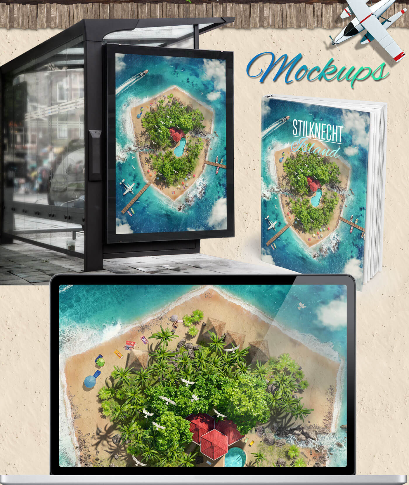 #4 Mockups - Island "Stiknecht" Visualization of an Island in the shape of my logo. 3D and Photo-Artwork by ruediger lauktien 2018 200 best digital artists
